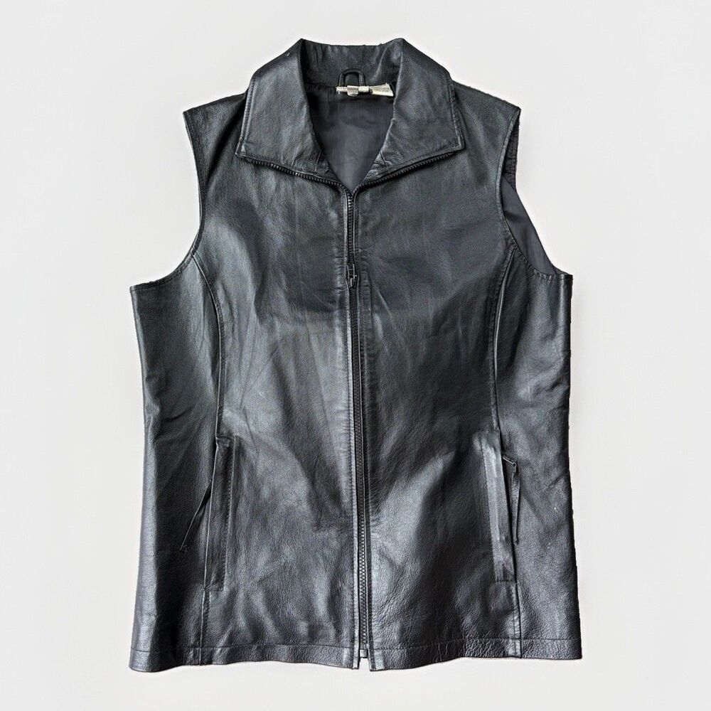 VTG Spiegel Black Leather Vest Women Size 12 Full Zip Motorcycle Moto Goth Y2K